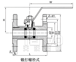 鍛打縮徑式填料倉整體式法蘭球閥結(jié)構(gòu)圖